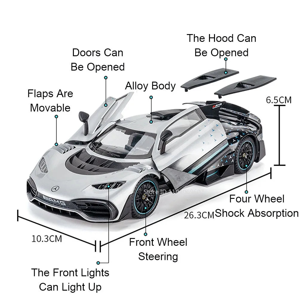 1:18 Model Toy AMG ONE GT-R Miniature Sports Cars Alloy Diecast Sound Light Doors Opened Pull Back Simulation Supercars Gifts