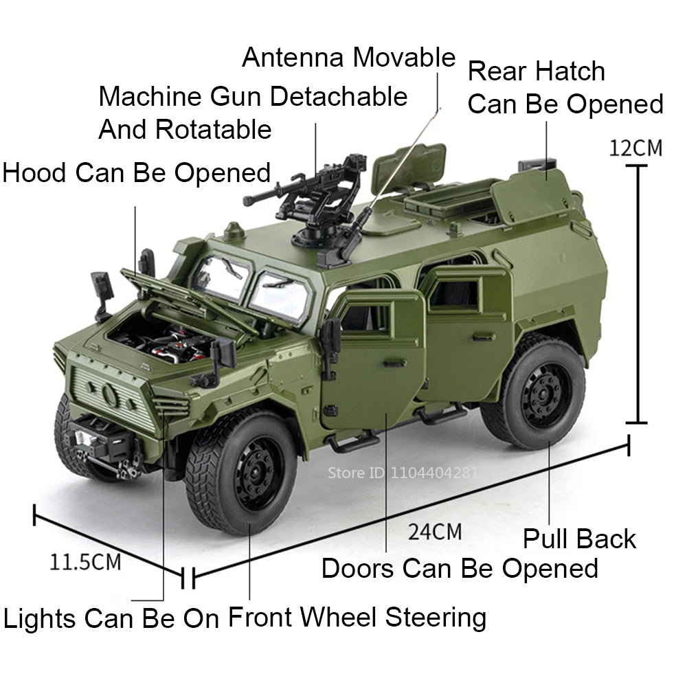 1:18 Dongfeng M-Terrain Alloy Car Toys Miniature Model Diecast Military Vehicle Sound Light Pull Back Doors Opened Kid Xmas Gift