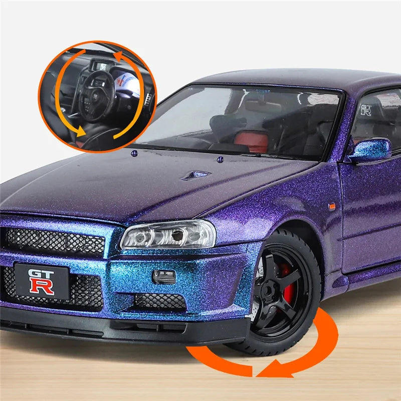 Large Size 1:18 Skyline Ares GTR GT-R R34 Alloy Sports Car Model Diecasts Metal Racing Car Vehicles Model Sound Light Kids Gifts