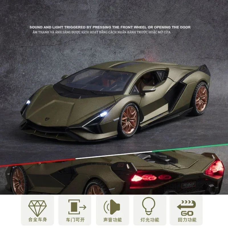 Large 1:18 Lamborghinis SIAN FKP37 Supercar Car Model DieCast Alloy Sound Light Toys Cars Diecast Toy Collectibles Kids Car